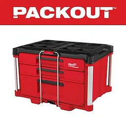 PACKOUT Multi-Depth 3-Drawer Tool Box, a red and black tool storage unit with three drawers and a metal handle, shown against a white background.