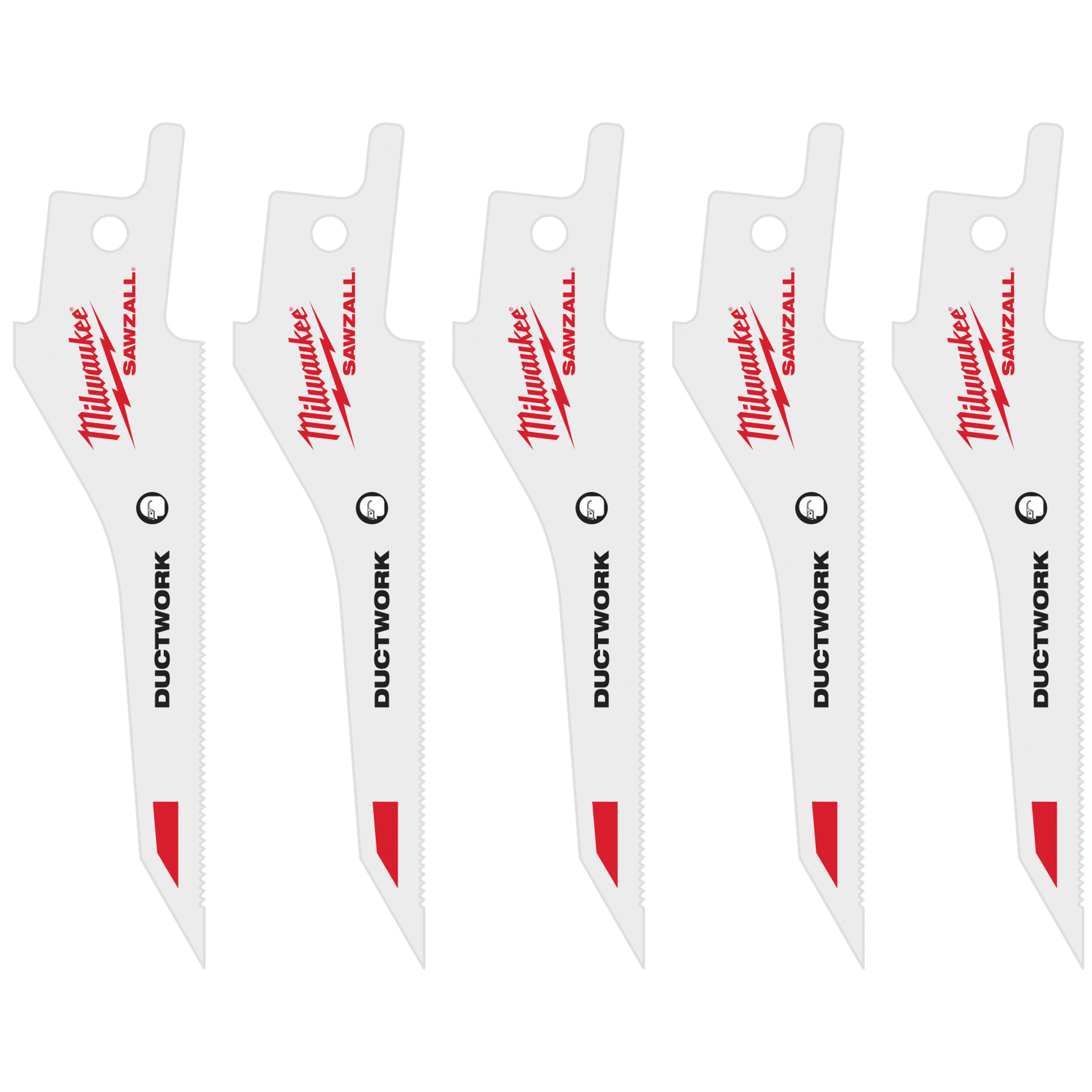 The image shows a Milwaukee Sawzall Image Reel ductwork blade. It is white with red accents and includes the Milwaukee branding in red text. The blade is designed for cutting ducts, features a pointed tip, and has serrated edges for precision cutting.
