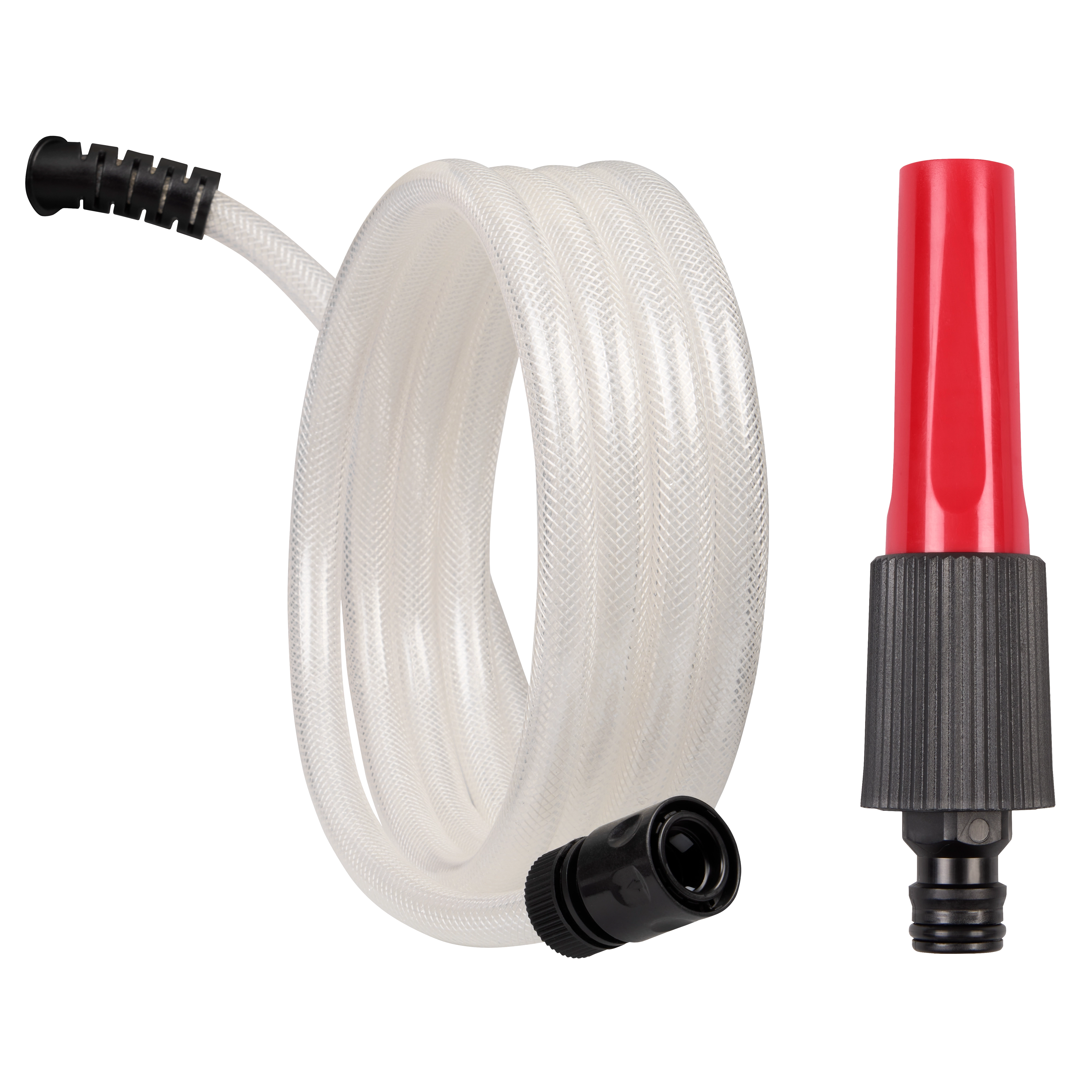 This image shows a clear coiled hose with black connectors on both ends, next to a red and black nozzle attachment. The hose features a braided design for durability and flexibility.