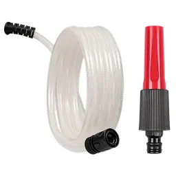 This image shows a clear coiled hose with black connectors on both ends, next to a red and black nozzle attachment. The hose features a braided design for durability and flexibility.