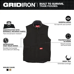 Heavy Duty Sherpa-Lined Vest - Black Walkaround features reinforced high wear zones, durable fabric, multiple pockets, and a drop tail.