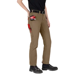 Khaki-colored women's work pants with belt loops and front pockets. The pants have a straight-leg design and a professional look, suitable for workplace settings. Label reads "Women's Work Pants - Khaki".