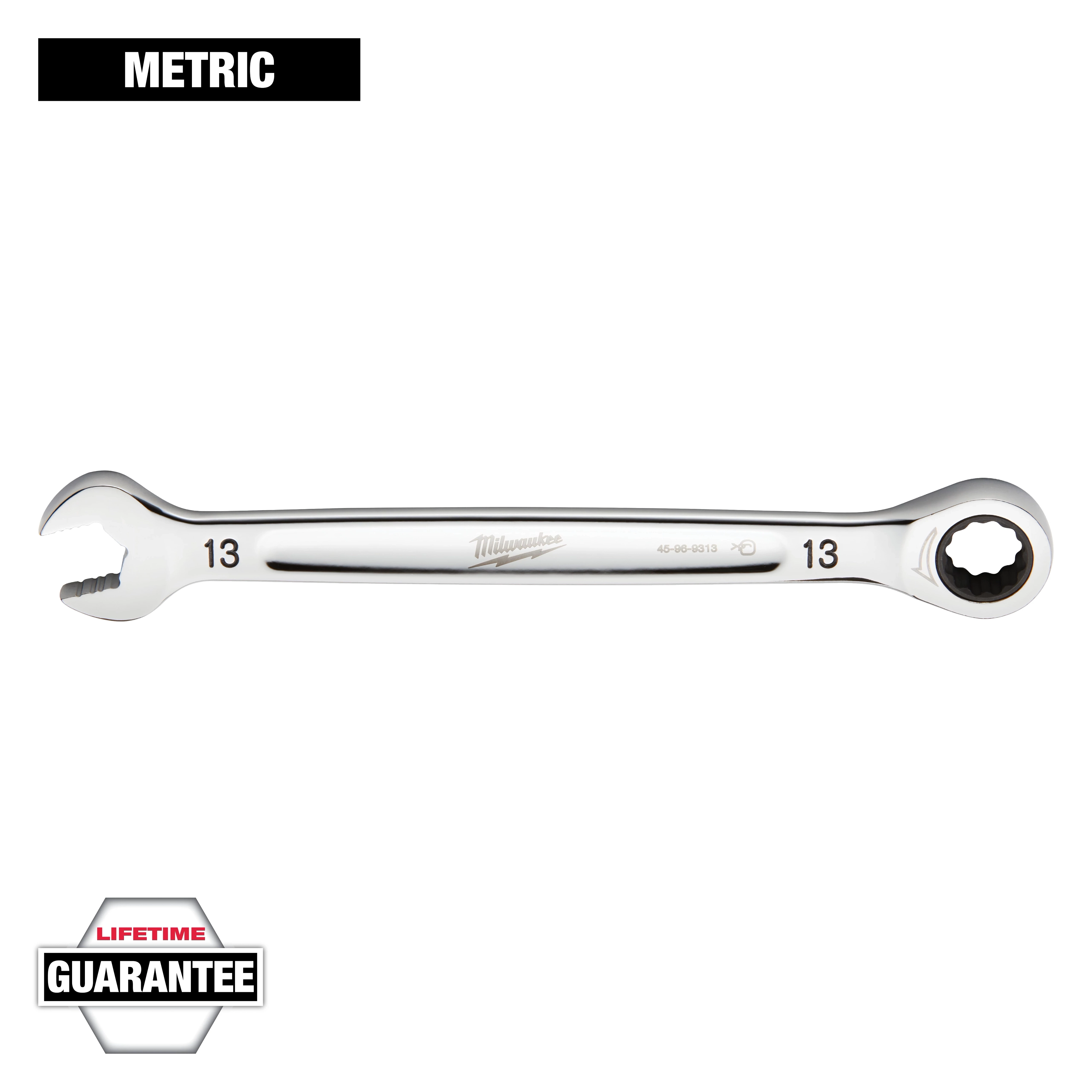 A 13mm Milwaukee combination wrench with an open-end and a ratcheting box-end. The image labels it as a metric tool and highlights a lifetime guarantee.