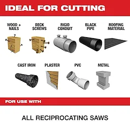 Nitrus Carbide For Use With reciprocating saws is ideal for cutting wood with nails, deck screws, rigid conduit, black pipe, roofing material, cast iron, plaster, PVC, and metal.