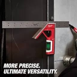 12" Magnetic Combination Square in use against a metal surface with text "More Precise. Ultimate Versatility." in the lower left corner.