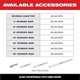 The image lists available accessories for screed bars with part numbers, including a screed adapter, and 4-foot to 16-foot screed bars. It also shows four screed bar images labeled "Not Included," and a note stating compatibility with MBW bars. The header reads "AVAILABLE ACCESSORIES."