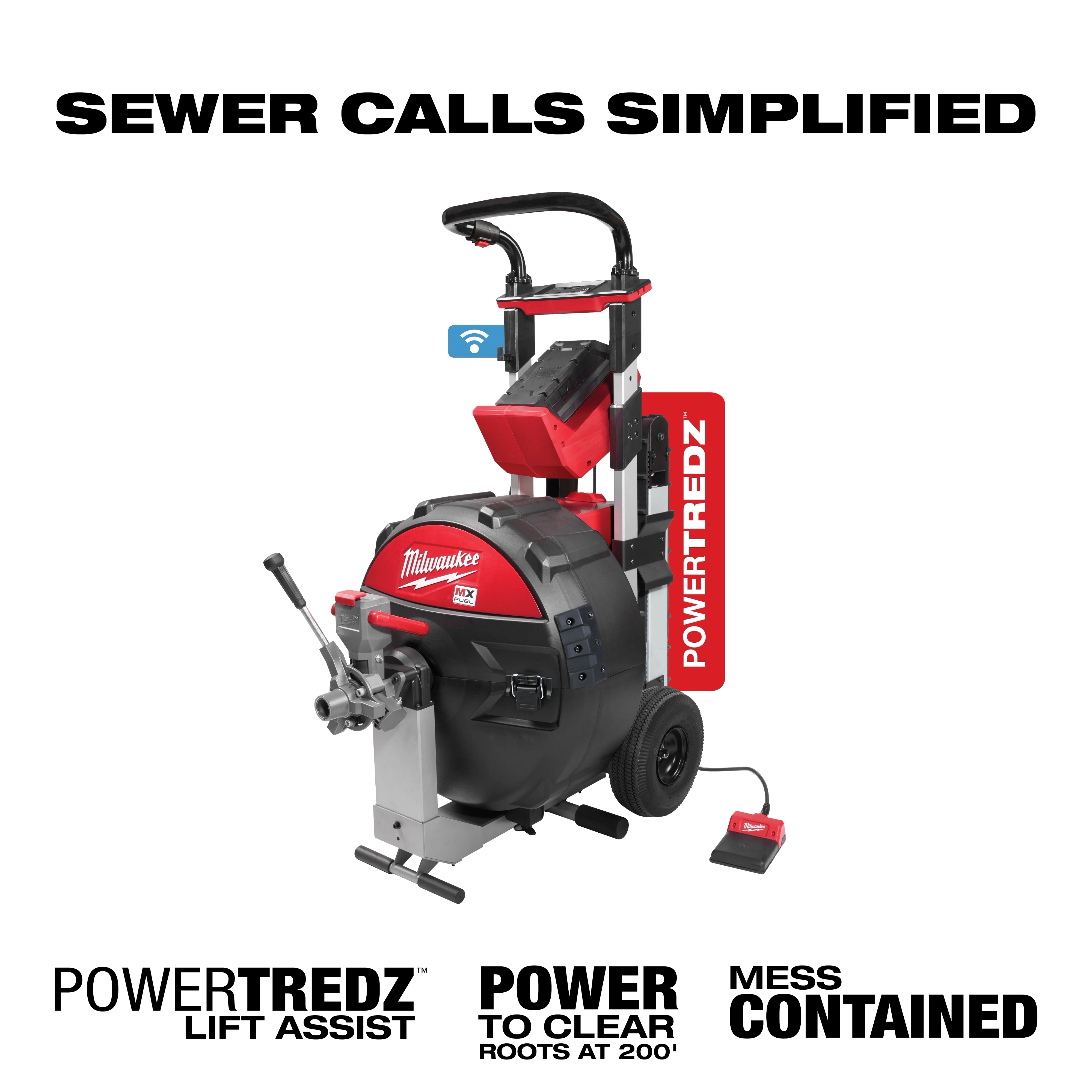 MX FUEL Sewer Drum Machine with POWER TREDZ features a red and black design, wheels, handle, foot pedal, and sewer cable for clearing roots.
