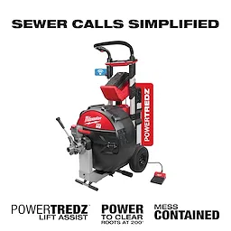 MX FUEL Sewer Drum Machine with POWER TREDZ features a red and black design, wheels, handle, foot pedal, and sewer cable for clearing roots.