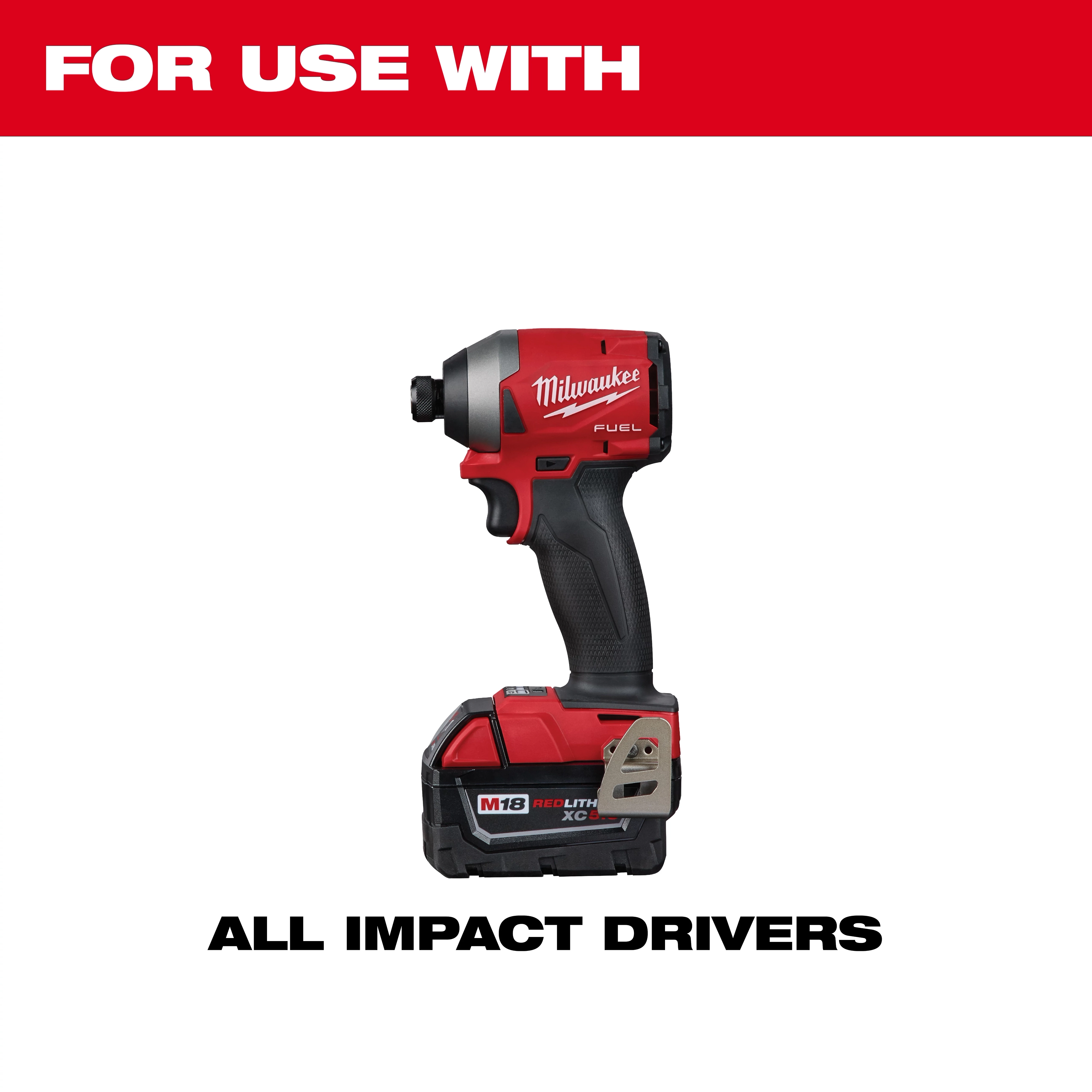 Impact%20For%20Use%20With text above a red and black Milwaukee M18 cordless impact driver, with "ALL IMPACT DRIVERS" text below.