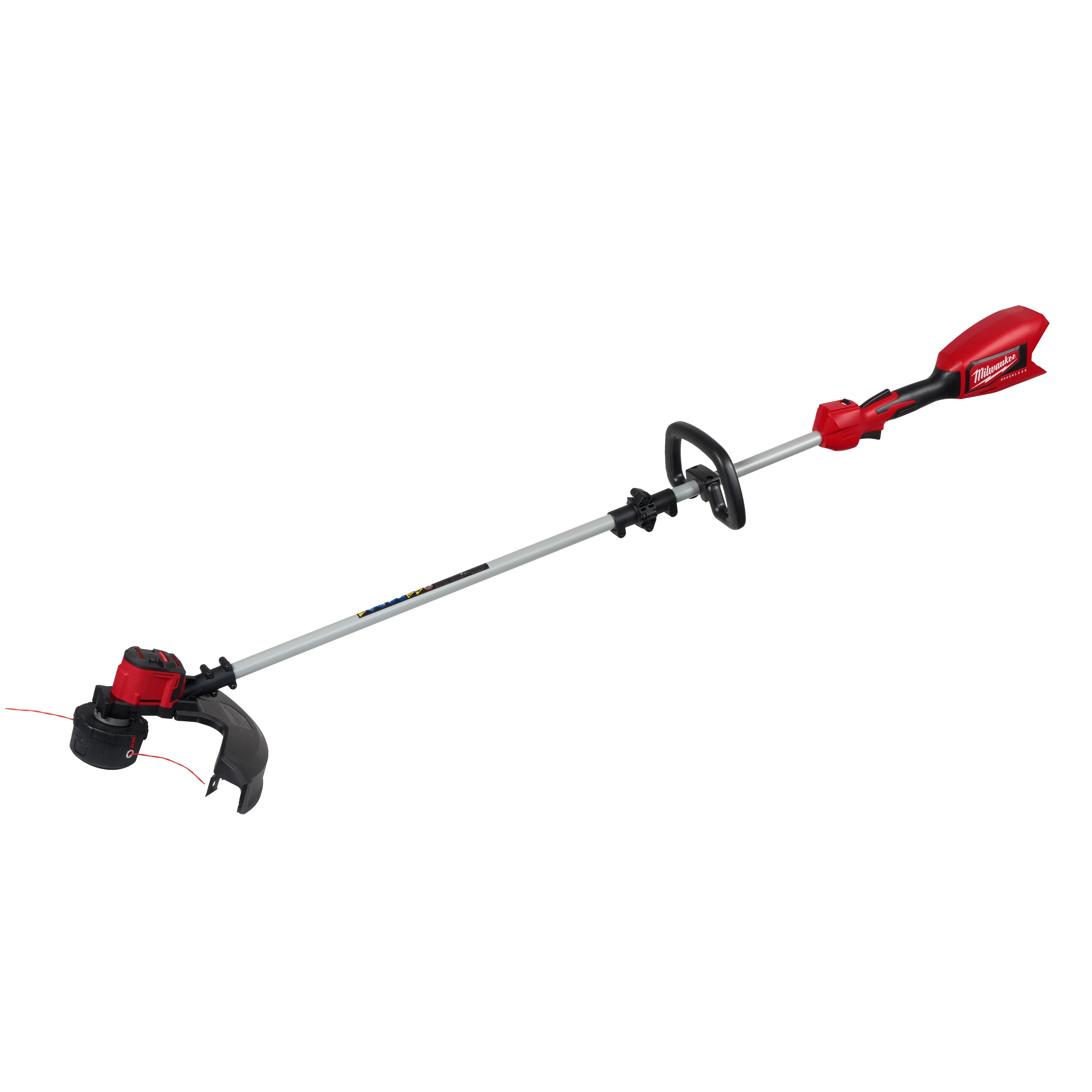 The M18™ Brushless String Trimmer displays a long, silver shaft with a red handle and motor housing. A black and red trimming head with a guard and spool of line is attached at the end. The trimmer features a front handle for support and ergonomic use.
