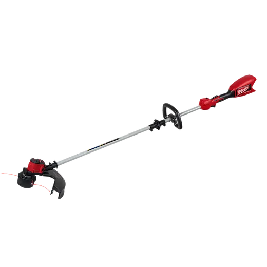 The M18™ Brushless String Trimmer displays a long, silver shaft with a red handle and motor housing. A black and red trimming head with a guard and spool of line is attached at the end. The trimmer features a front handle for support and ergonomic use.