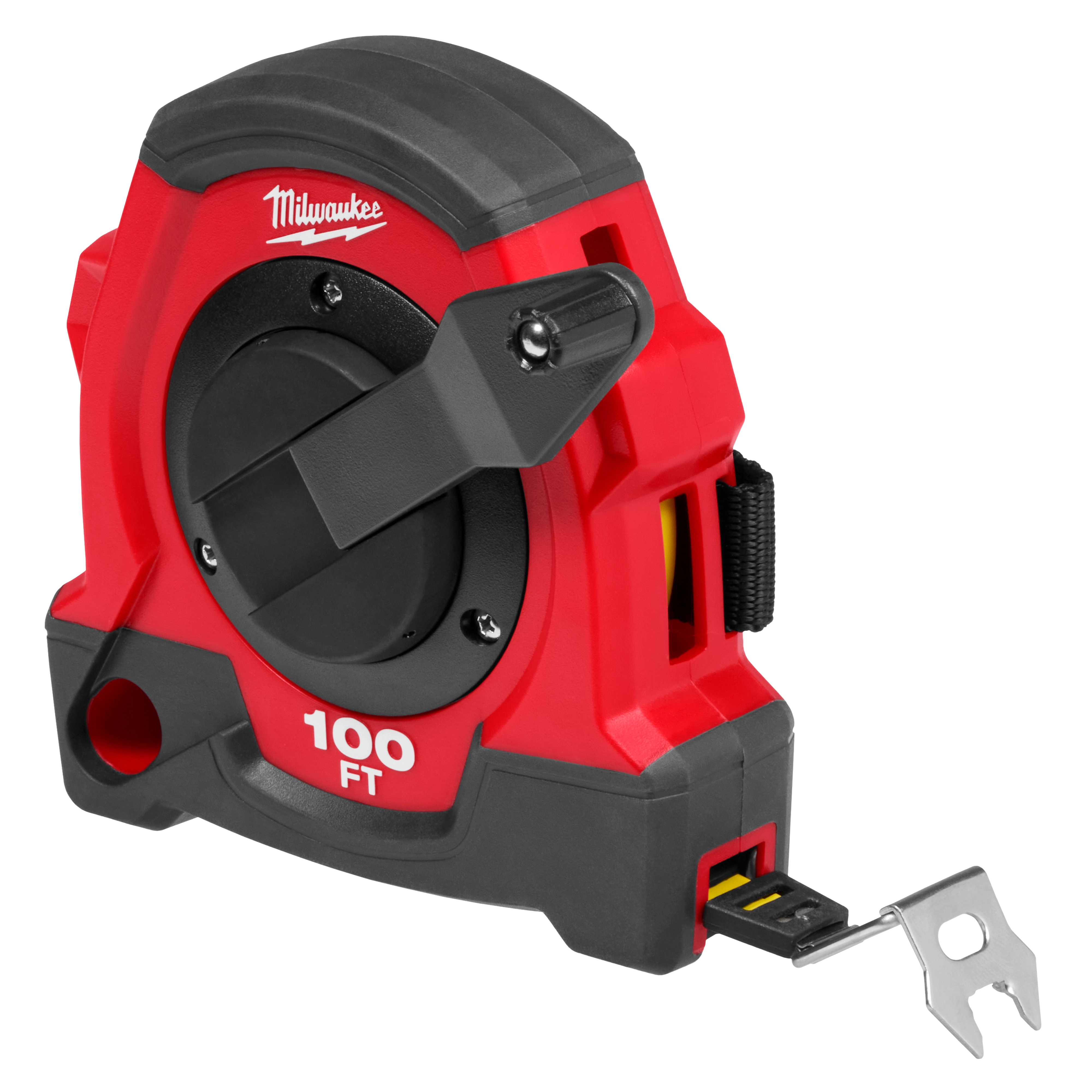 100FT Closed Reel Long Tape in red and black, featuring a crank handle and a visible 100 FT marking on the front.