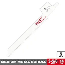 Milwaukee Sawzall blade for cutting medium metal. The white blade measures 3-5/8 inches with 14 teeth per inch (TPI). The package includes five blades.