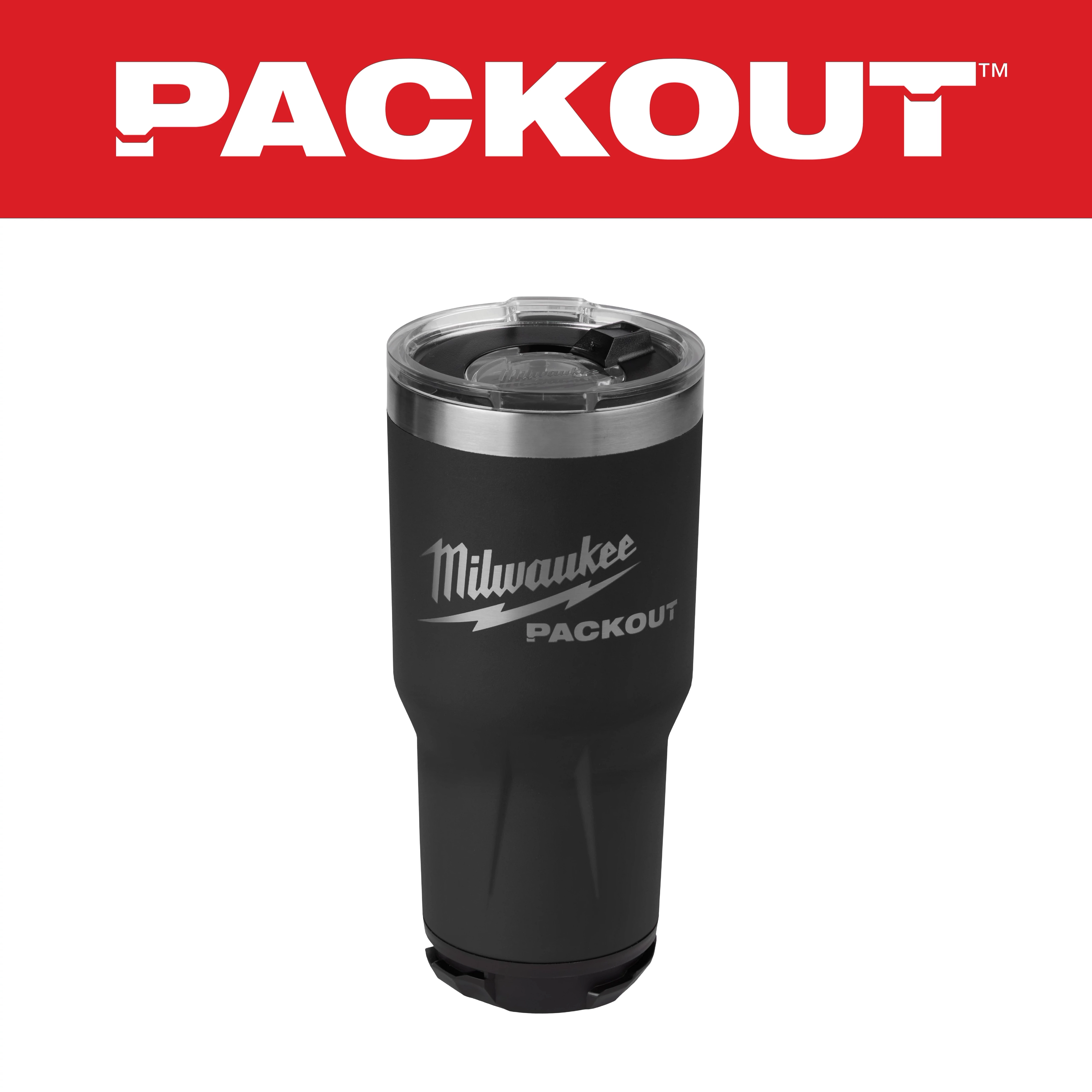 Milwaukee PACKOUT tumbler with a black body, silver lid, and logo. It features a sturdy design and spill-resistant lid.