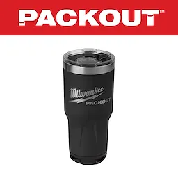 Milwaukee PACKOUT tumbler with a black body, silver lid, and logo. It features a sturdy design and spill-resistant lid.