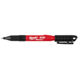 The image features the INKZALL™ 2IN1 Deep Reach Ultra Fine Point Black Jobsite Marker. It has a red body with white text branding and a black cap. The marker includes a pocket clip for easy carrying.