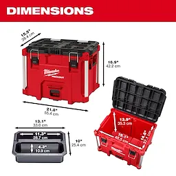 PACKOUT XL Tool Box in red, featuring internal tray with dimensions. External dimensions: 21.8"x 16.9"x 15.5".