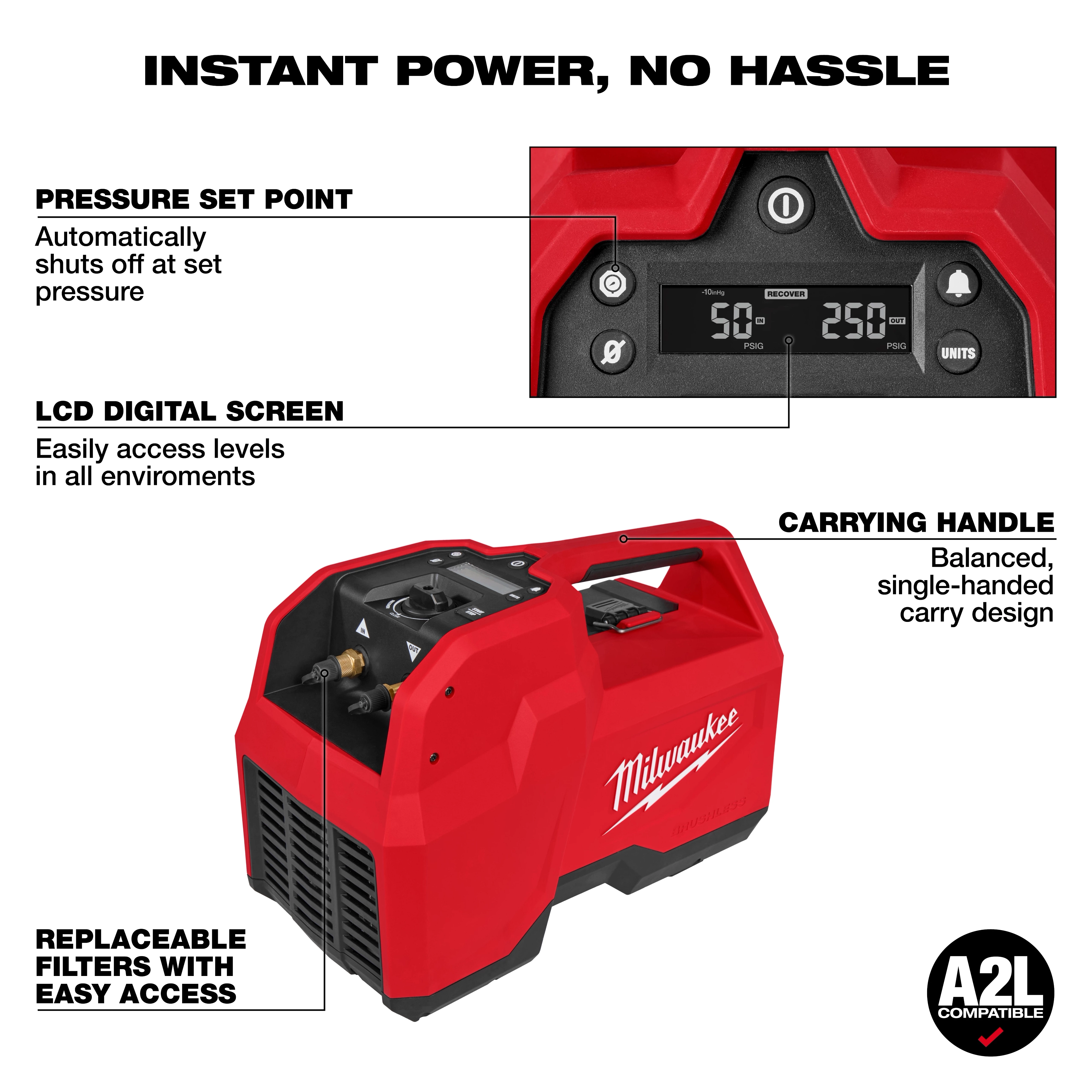 Milwaukee M18 Brushless Refrigerant Recovery Machine in red, featuring an LCD digital screen, pressure set point, replaceable filters, and carrying handle.