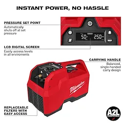 Milwaukee M18 Brushless Refrigerant Recovery Machine in red, featuring an LCD digital screen, pressure set point, replaceable filters, and carrying handle.