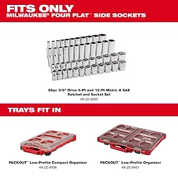 Image showing Milwaukee's 98pc 3/8" 6-Pt and 12-Pt Metric and SAE Ratchet and Socket Set. The set includes various sizes of chrome sockets and fits Milwaukee PACKOUT Low-Profile and Low-Profile Compact Organizers, seen below the sockets in the image.