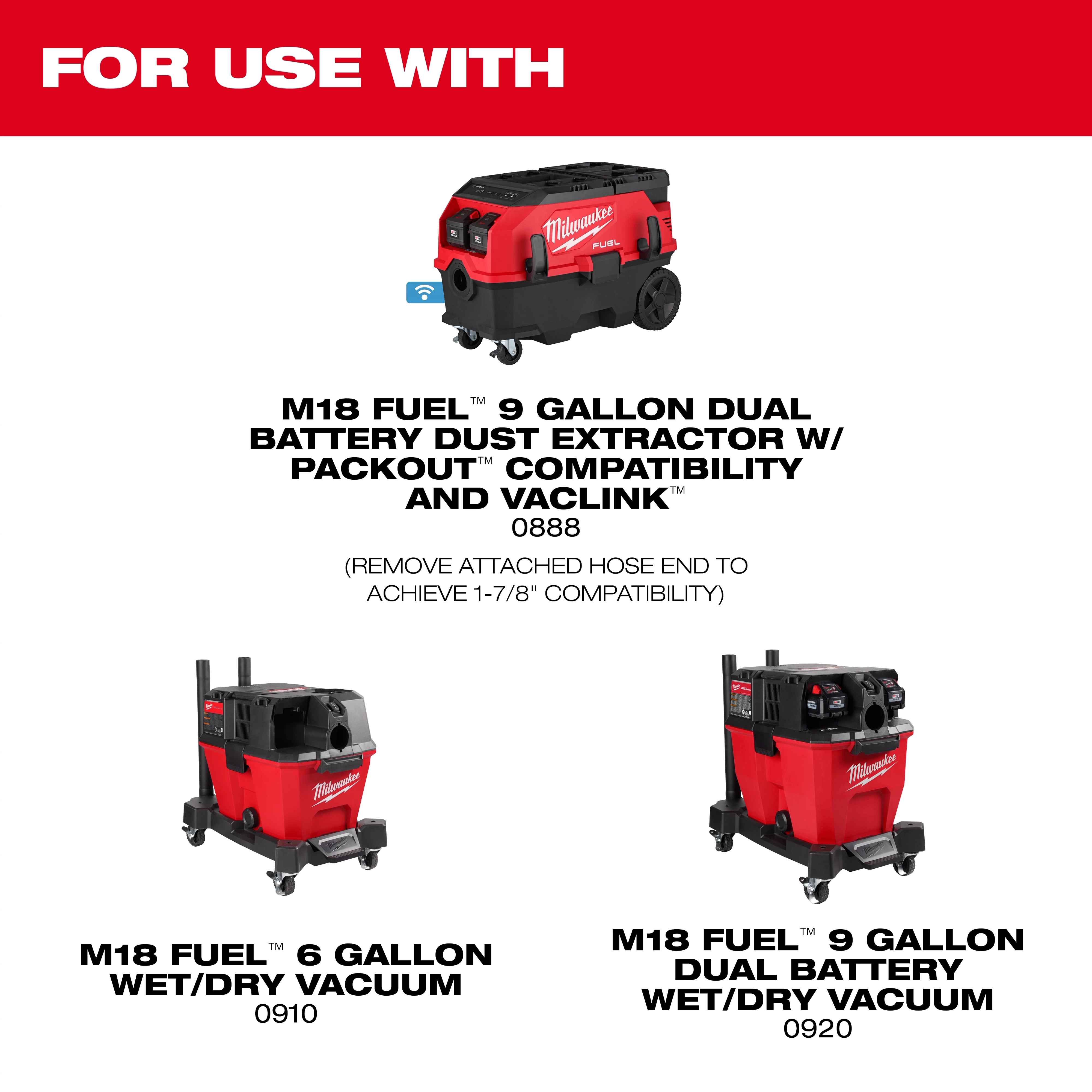 The image displays the M18 FUEL™ 9 Gallon Dual Battery Dust Extractor with PACKOUT™ Compatibility and VACLINK™ Accessories, alongside M18 FUEL™ 6 and 9 Gallon Wet/Dry Vacuums against a white background with the header "For Use With."