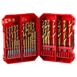 SHOCKWAVE%20Impact%20Duty%E2%84%A2%20RED%20HELIX%E2%84%A2%20Titanium%20Drill%20Bit%20Set%20-%2029PC includes a variety of gold-colored titanium drill bits organized in a red plastic carrying case. The left side shows smaller bits, while the right side features larger sizes, all in precise slots for easy access and storage.