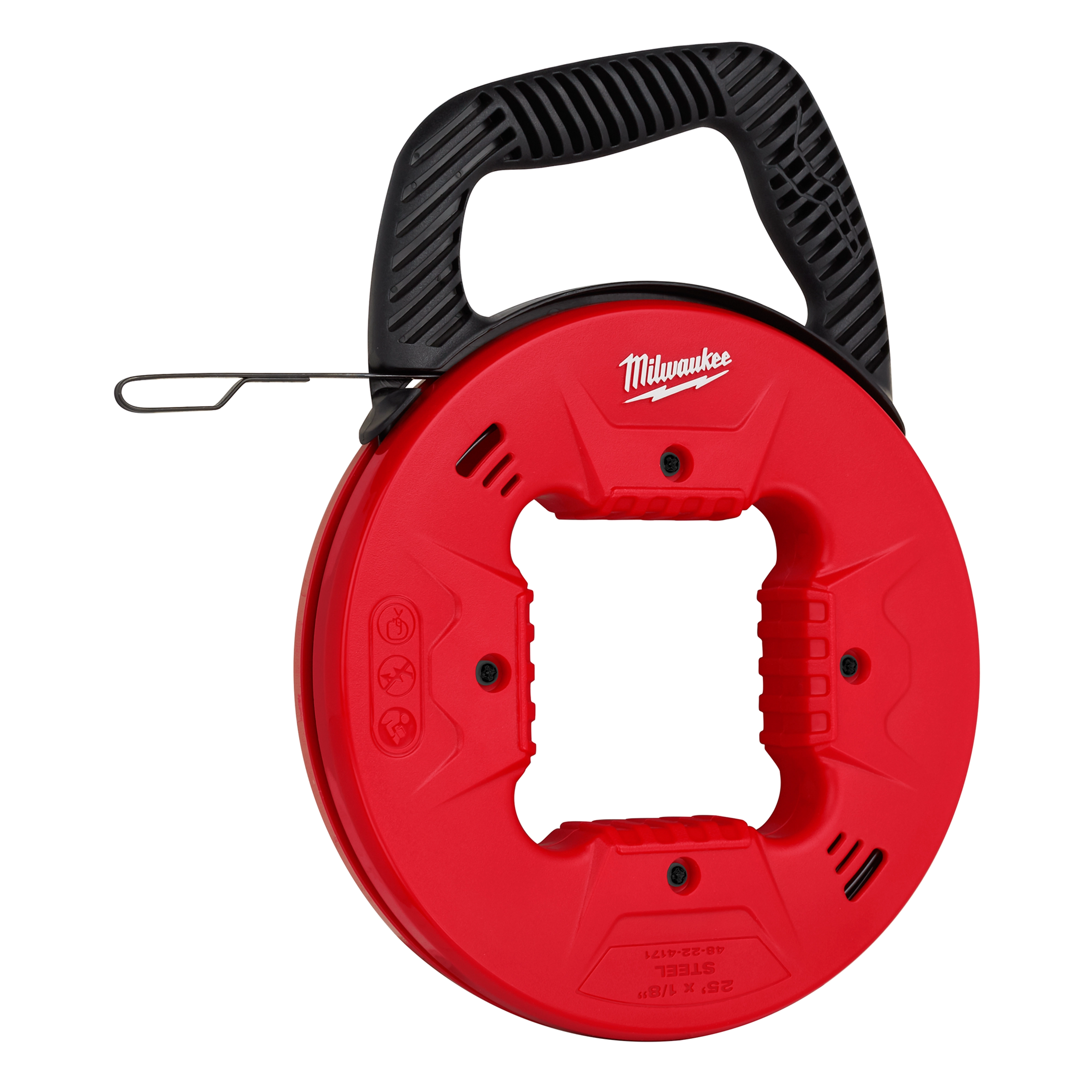 Red and black 1/8" 25' Steel Fish Tape with a large ergonomic handle, a sturdy steel wire, and a compact design for easy storage.