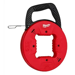 Red and black 1/8" 25' Steel Fish Tape with a large ergonomic handle, a sturdy steel wire, and a compact design for easy storage.
