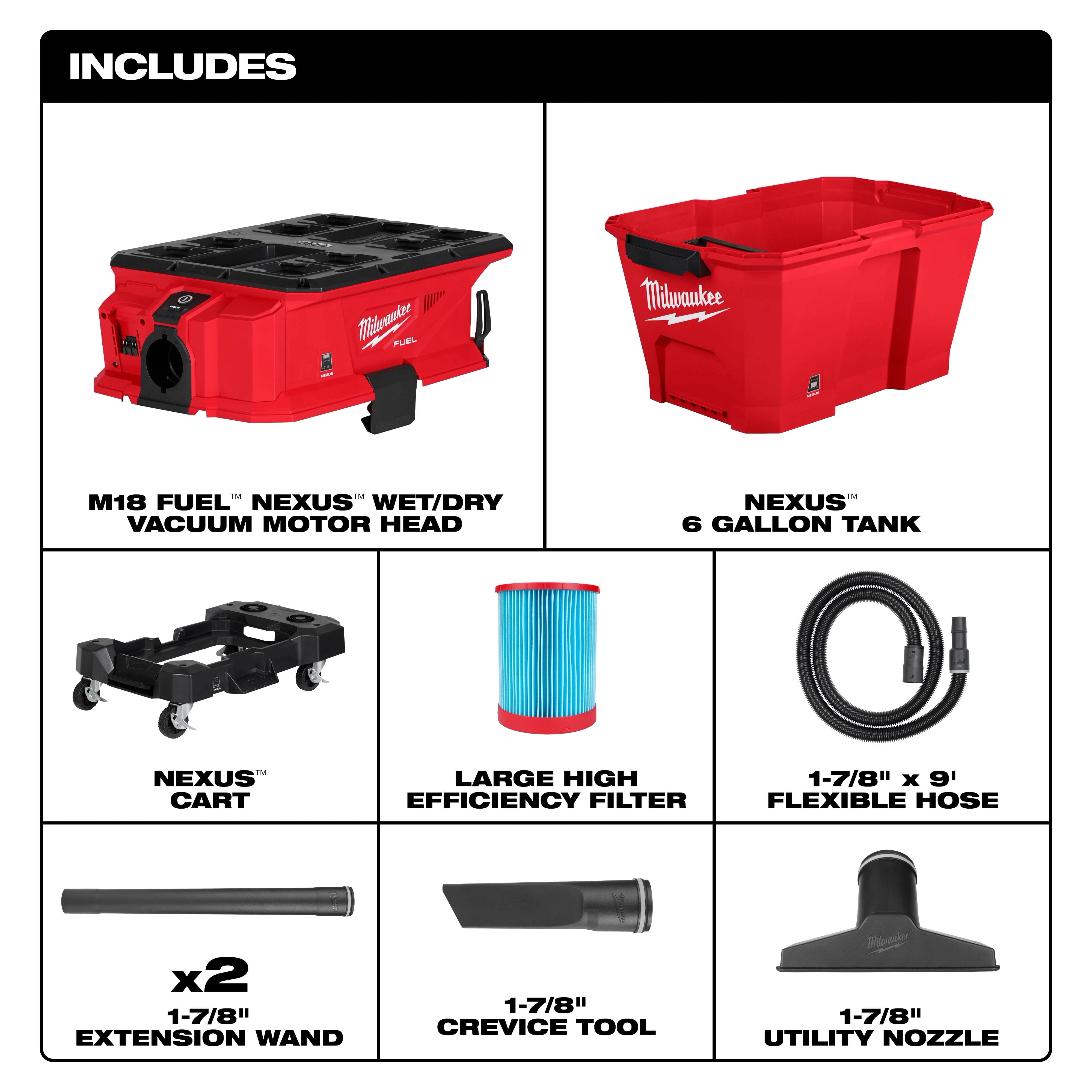 The product image shows the M18™ FUEL™ NEXUS™ 6 Gallon Wet/Dry Vacuum w/ PACKOUT™ Compatibility, including a motor head, 6-gallon tank, cart, high-efficiency filter, flexible hose, two extension wands, crevice tool, and utility nozzle.