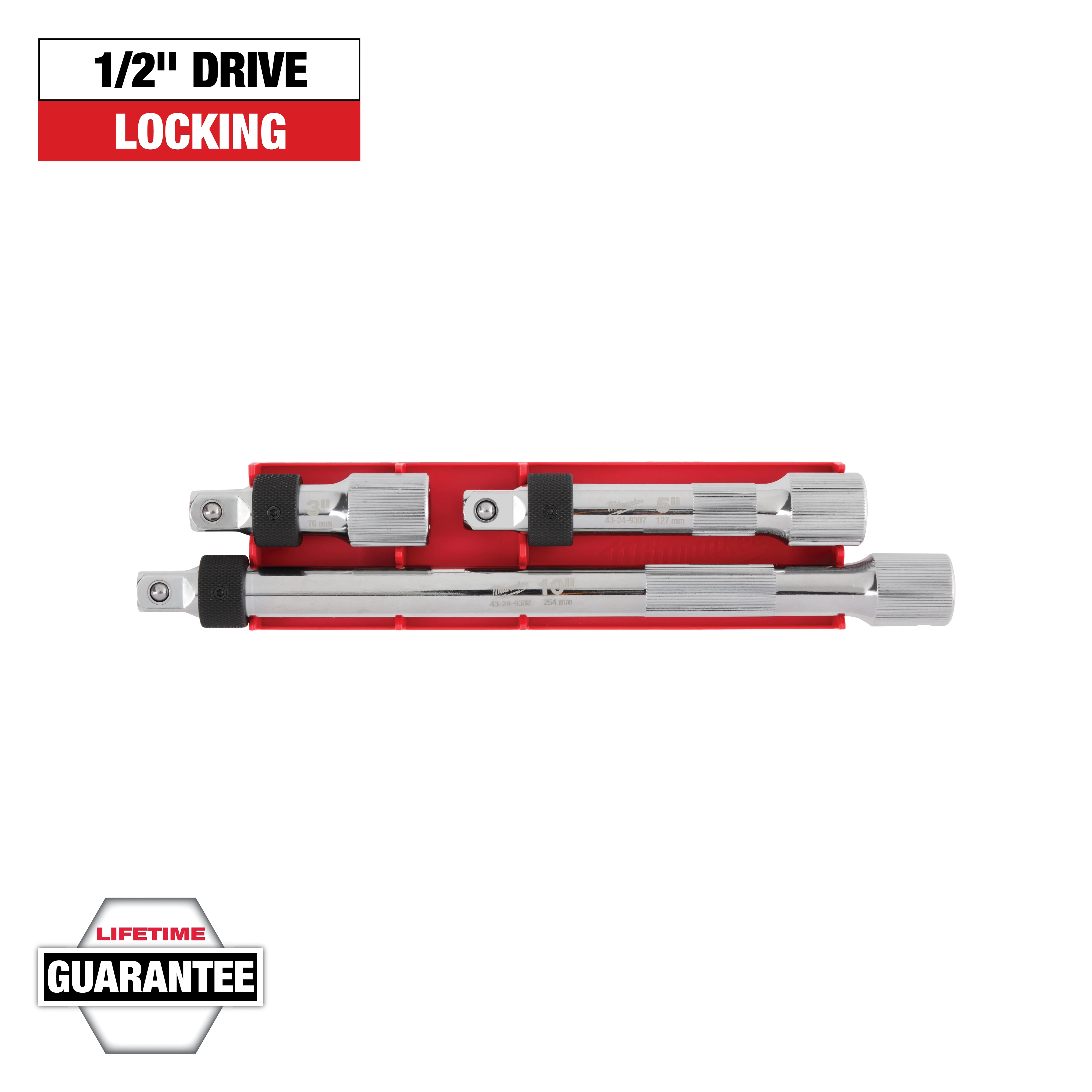 The image shows a set of three locking 1/2" drive extensions in a red holder. A "Lifetime Guarantee" badge is at the bottom left. The top of the image reads "1/2" Drive Locking" in black and red text.