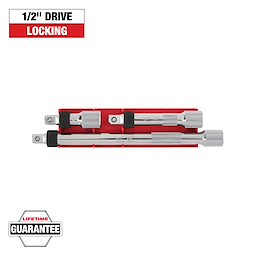 The image shows a set of three locking 1/2" drive extensions in a red holder. A "Lifetime Guarantee" badge is at the bottom left. The top of the image reads "1/2" Drive Locking" in black and red text.