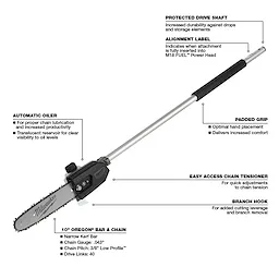 M18 FUEL QUIK-LOK 10" Pole Saw Attachment with a 10" bar and chain, automatic oiler, padded grip, alignment label, and branch hook.
