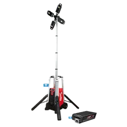 The MX FUEL™ ROCKET™ Tower Light/Charger features an extendable tower with four LED lights, a tripod stand, and a compact charger unit. The product is primarily red with black accents and designed for portable, high-output illumination. The charger is pictured separately, emphasizing its mobile power capabilities.