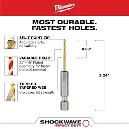 The SHOCKWAVE 1/16 in. Titanium Twist Drill Bit features a split point tip for accurate starts, a variable helix for faster material removal, and a thicker tapered web for increased bit strength. The bit measures 0.63 inches in width and 2.24 inches in length.