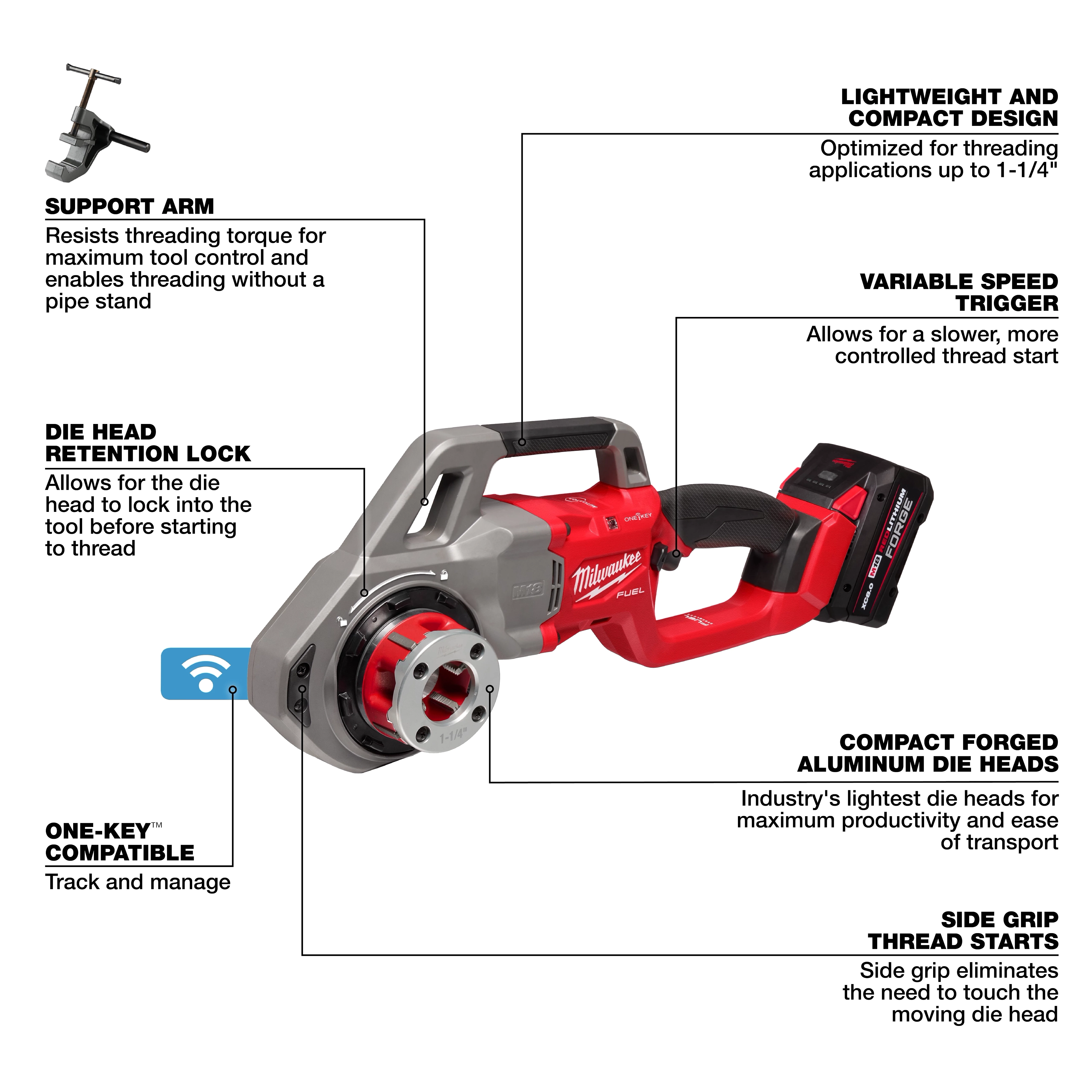 Image of the M18 FUEL™ Compact Pipe Threader with ONE-KEY™ with 1/2" - 1-1/4" Compact NPT Forged Aluminum Die Heads. Features include support arm, die head retention lock, ONE-KEY™ compatibility, lightweight design, variable speed trigger, compact die heads, and side grip.