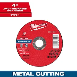 4" x .040" x 5/8" Metal Cut Off Wheel - Type 1. Red disc with silver center, labeled for cutting metal and stainless steel.