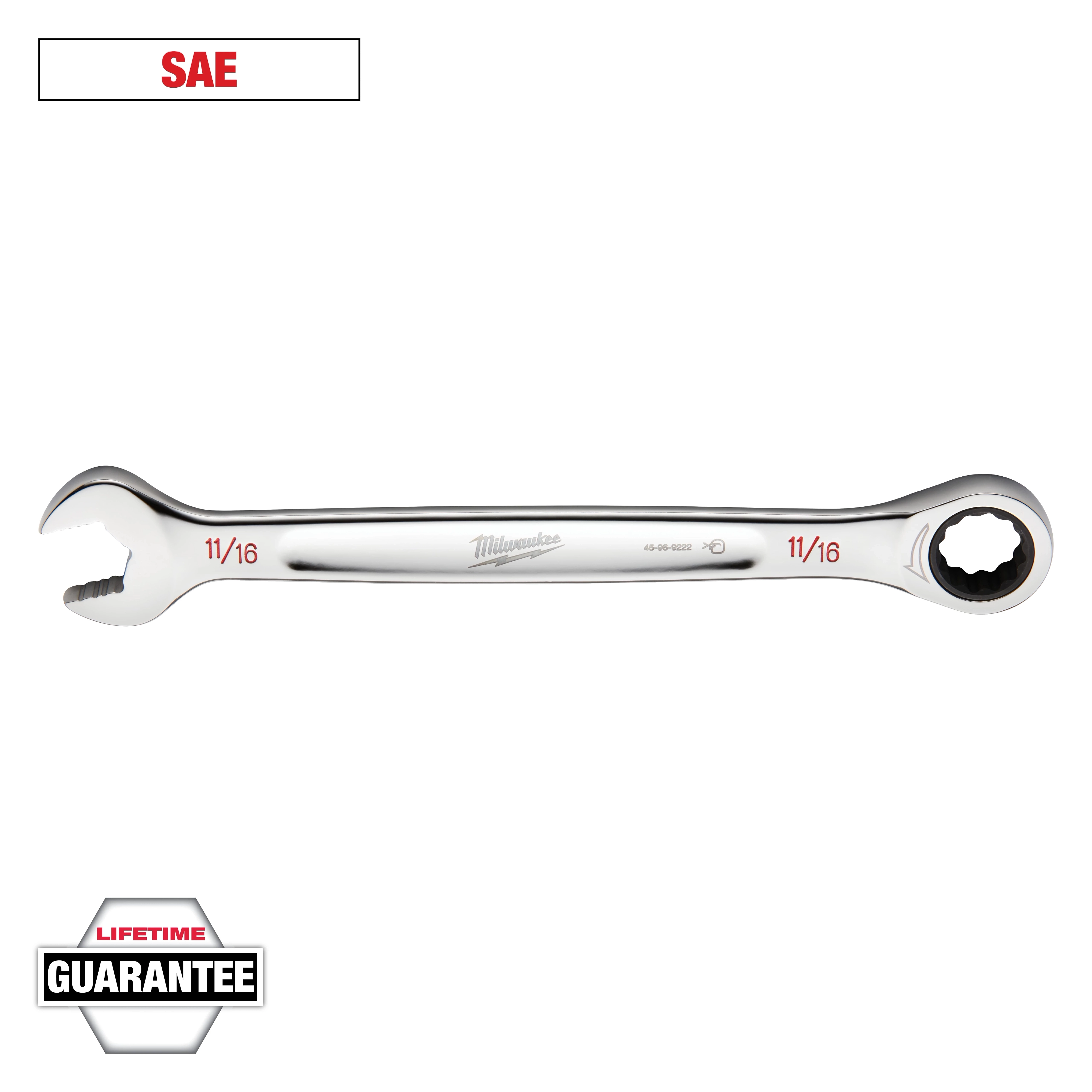 The image shows an 11/16 inch Milwaukee combination wrench with SAE designation. The wrench has an open end and a ratcheting box end. The text "Lifetime Guarantee" is visible at the bottom left corner. The wrench is metallic silver with red text.