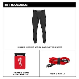 Milwaukee Heated Merino Wool Baselayer Pants with battery and USB-C cable displayed in a grid layout.