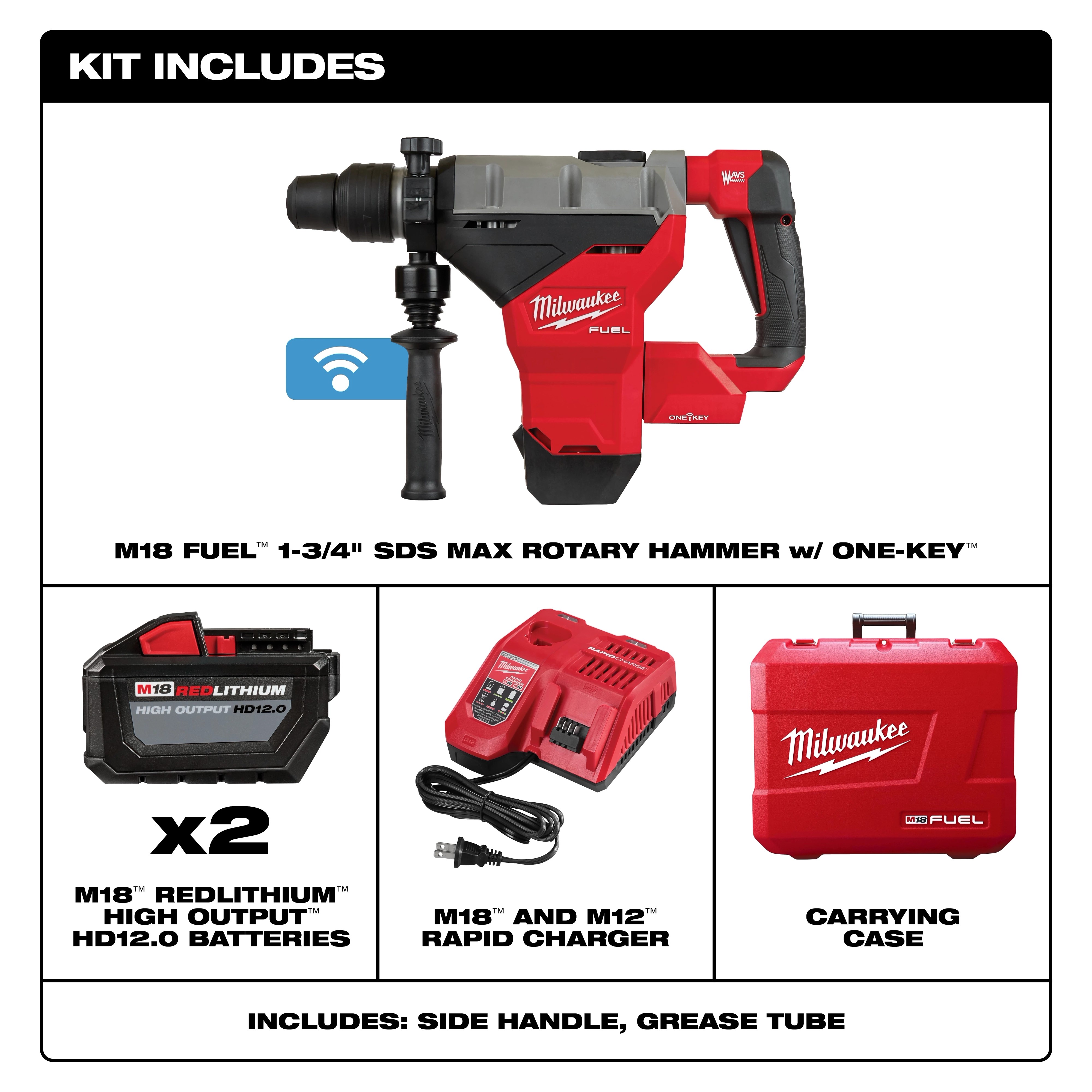 M18 FUEL 1-3/4" SDS MAX Rotary Hammer Kit w/ (2) 12.0 Battery Includes