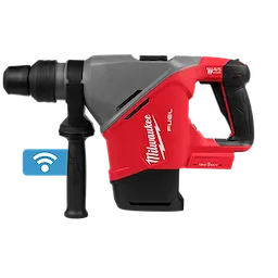 The image displays the Milwaukee M18 FUEL™ 1-9/16" SDS Max Rotary Hammer with ONE-KEY™. The tool features a red and gray design, side handle for stability, and a wireless connection icon, indicating its ONE-KEY™ compatible smart capabilities.