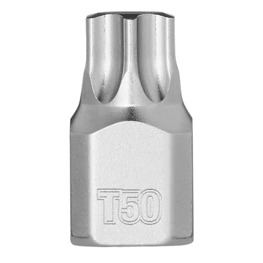 The 1/4" Drive T50 Low-Profile TORX Bit Socket is a silver metallic tool designed for fasteners requiring a T50 size. It has a low-profile design for better access in tight spaces. The engraved "T50" marking indicates the bit size.
