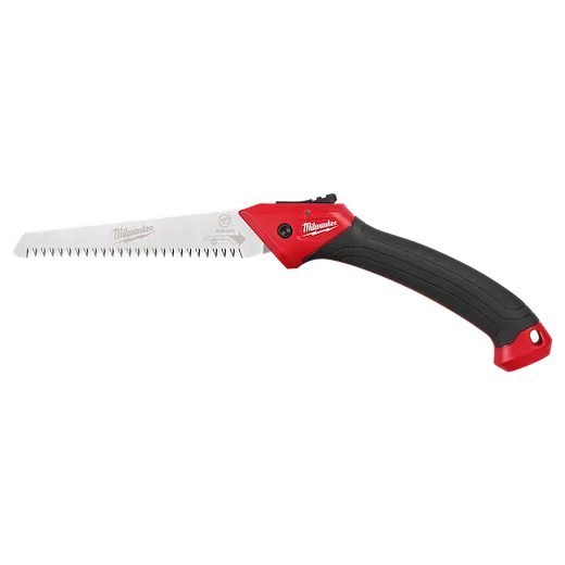 7” Folding Pruning Saw with a straight blade, red and black ergonomic handle, and a locking mechanism near the base.