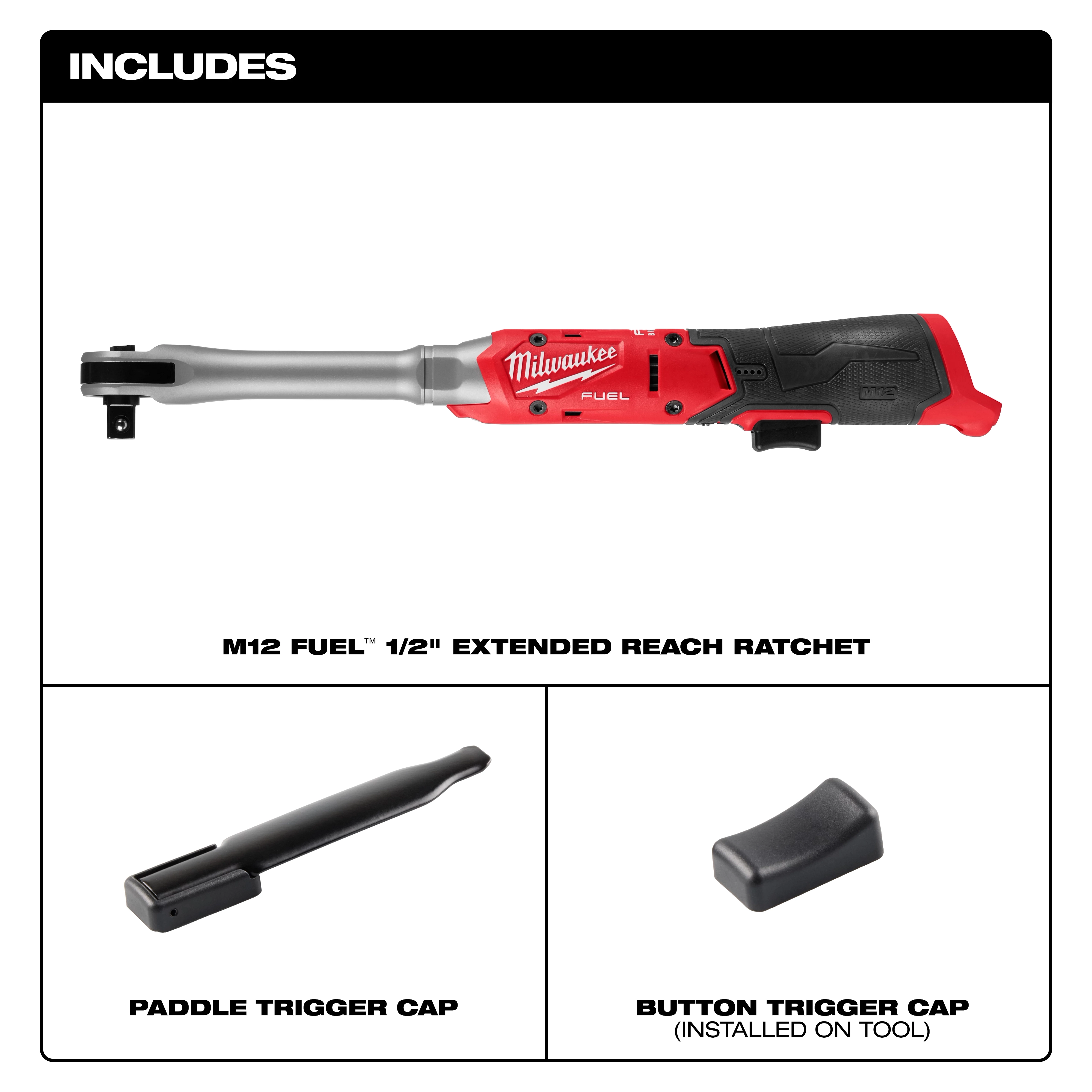 M12 FUEL 1/2" Extended Reach Ratchet with paddle trigger cap and button trigger cap shown separately.