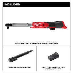 M12 FUEL 1/2" Extended Reach Ratchet with paddle trigger cap and button trigger cap shown separately.