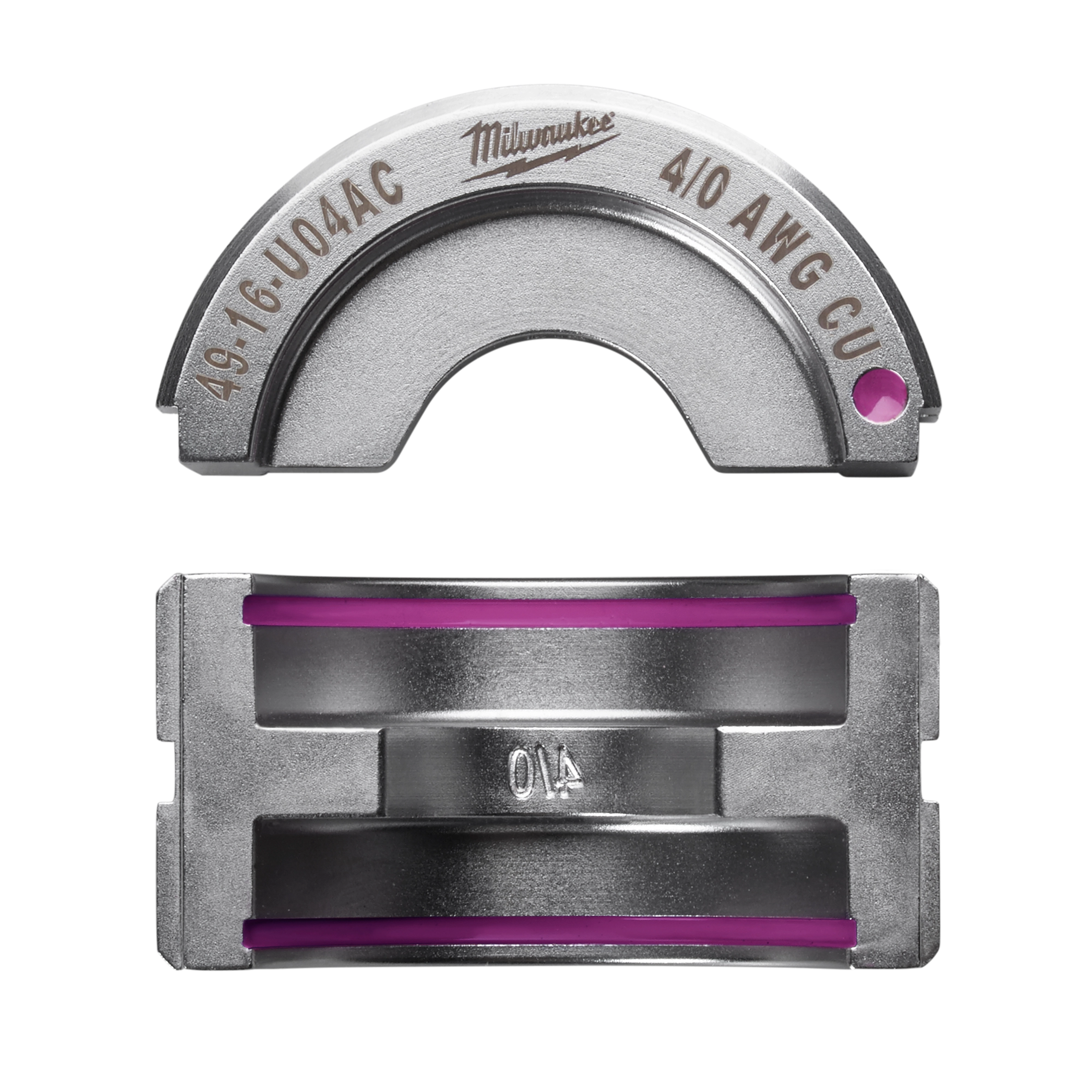 4/0 Copper U Style Die is a metallic die set with cylinder and U-shaped components. It has engravings for 49-16-U04AC and 4/0 AWG CU, indicating its specifications. The components have purple accents.