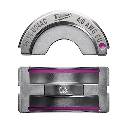 4/0 Copper U Style Die is a metallic die set with cylinder and U-shaped components. It has engravings for 49-16-U04AC and 4/0 AWG CU, indicating its specifications. The components have purple accents.