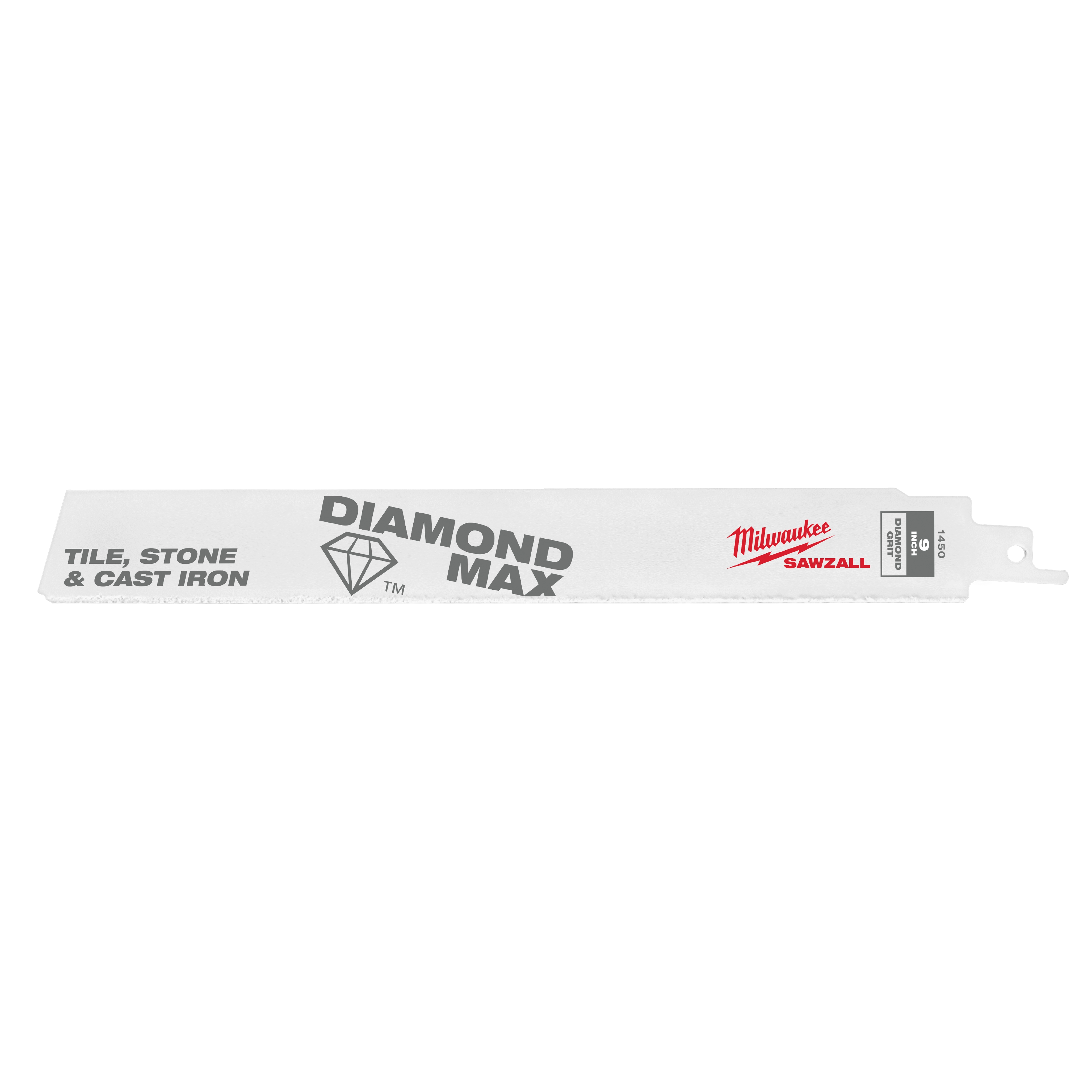 The 9" Diamond Max™ Diamond Grit SAWZALL® Blade is designed for cutting tile, stone, and cast iron. The blade features the Milwaukee SAWZALL® logo and a diamond symbol, with a white, elongated shape and a toothed edge on one end.