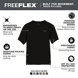 FREEFLEX Hybrid Work Tee - Short Sleeve in black. Features moisture-wicking fabric, forward shoulder design, breathable cotton/poly blend, and UPF 50+ sun protection. Available in multiple colors.