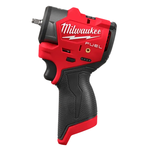 The image shows the Milwaukee M12 FUEL™ 1/4" Subcompact Impact Wrench w/ Friction Ring. It has a red and black body, ergonomic handle, and Milwaukee branding on the side. The tool features a compact design specifically for tight spaces.