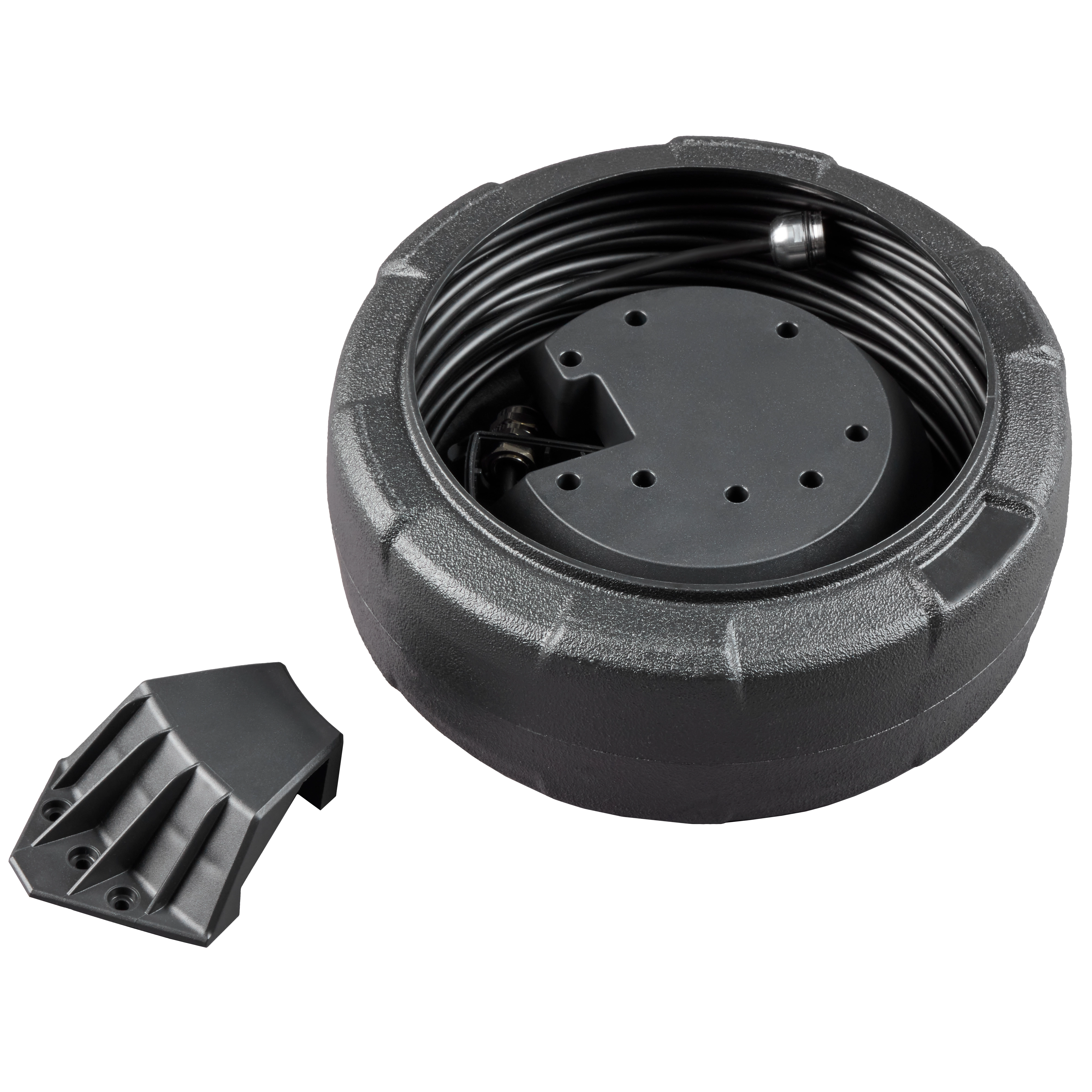 A Replacement Cable for M12™ 75' Drain Camera is shown. The coiled cable is housed in a black, round, ribbed case with a central hub. A separate component, likely a cover or attachment, is placed next to the case.